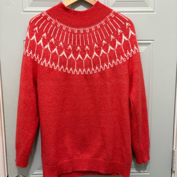 Talbots Sweaters - Talbots Sweater Womens Size L Orange Coral White Fair Isle Mock Neck